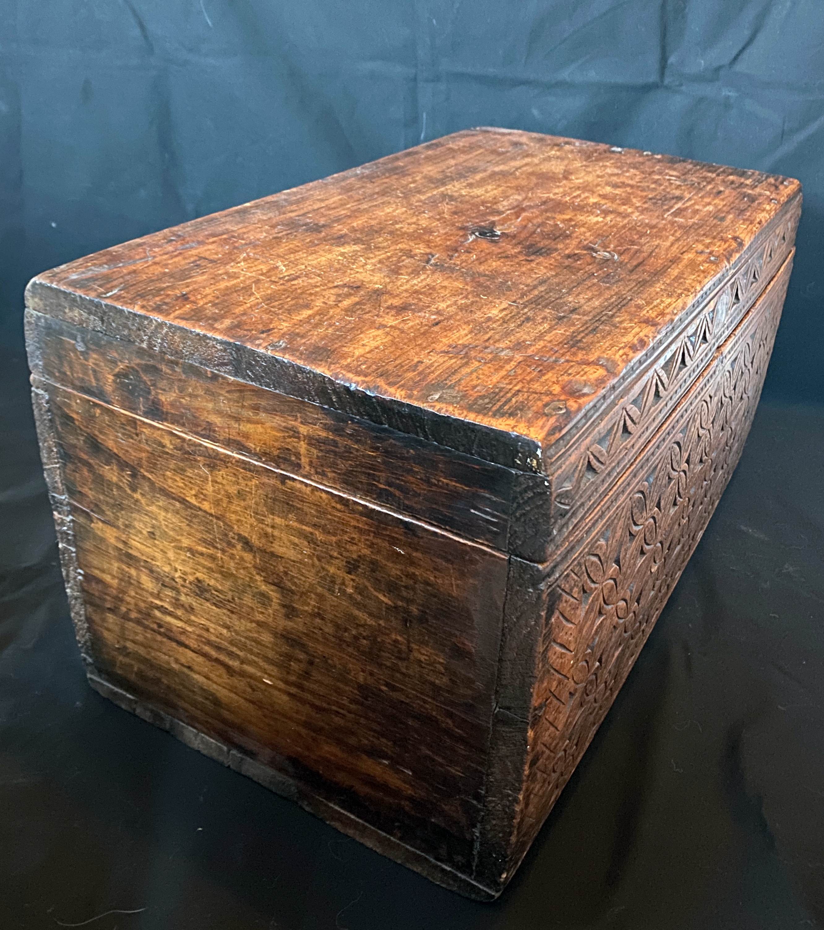 Old wooden chest with carved rosettes regionalism folk art