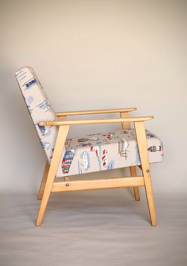 Fauteuil en bois chaise longue fauteuil de salon design vintage 1970 chaise en bois originale rénovée pour salon patio Marin motion