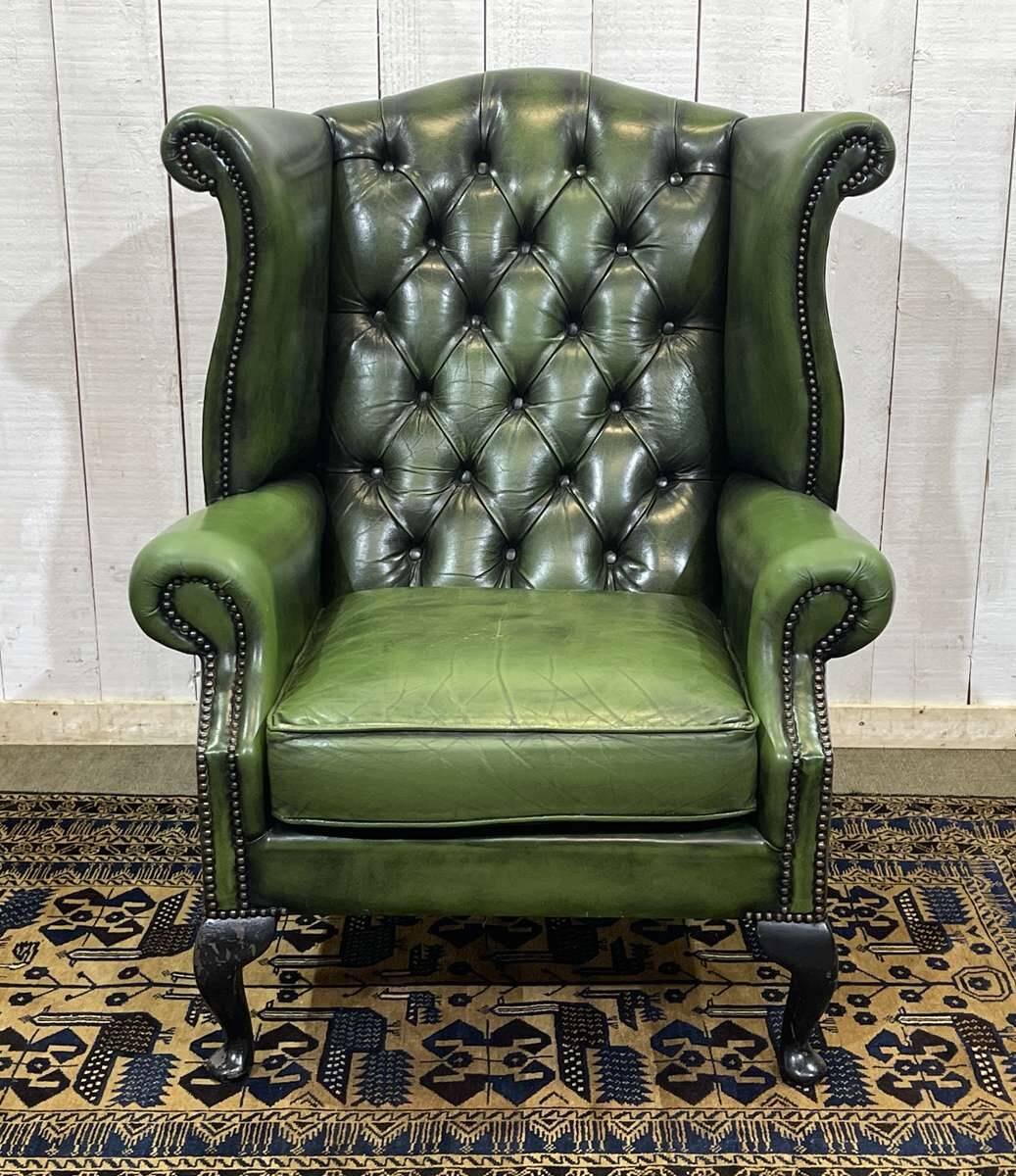 1970s Chesterfield Wingback Chair in Green Leather