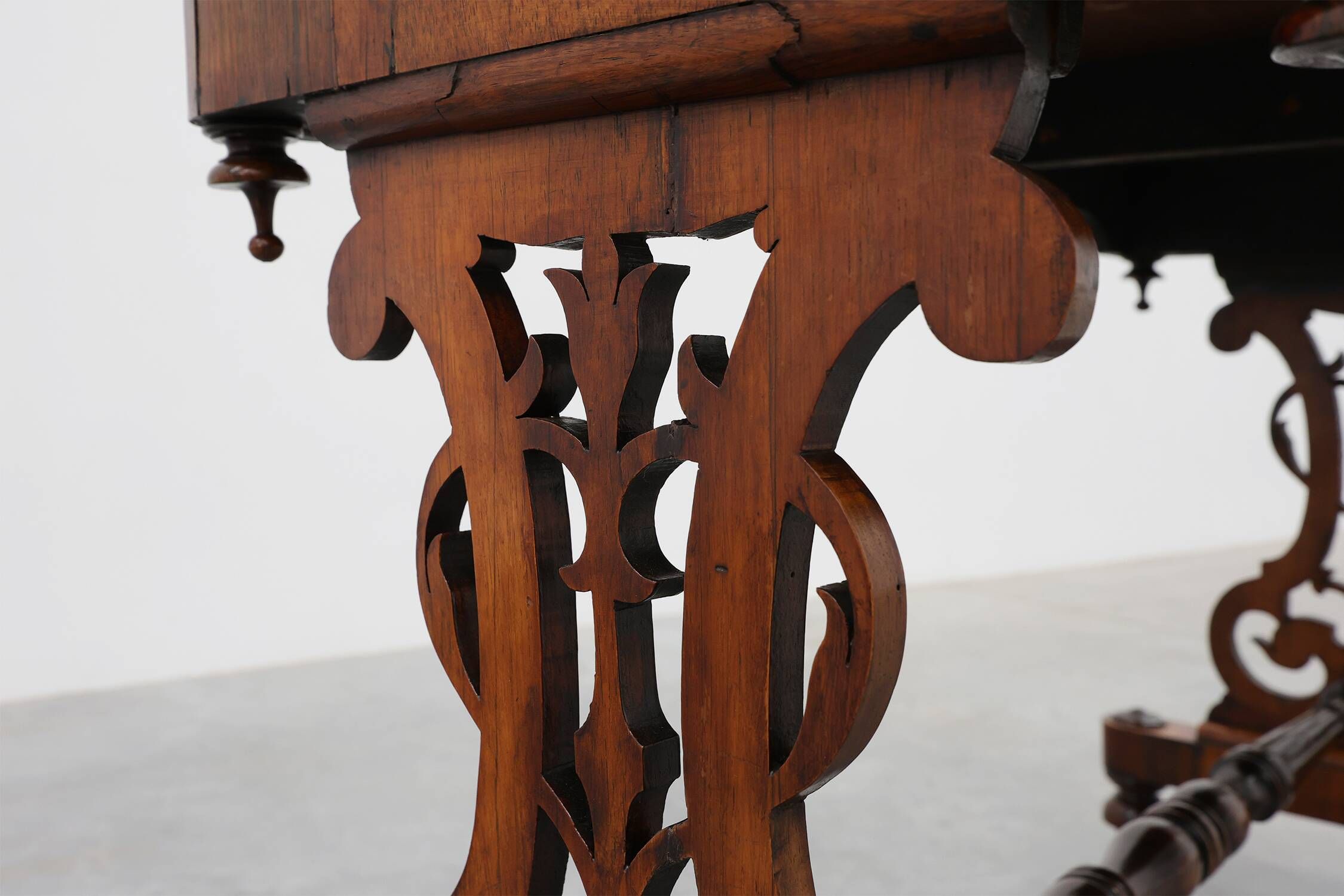 Victorian Walnut Side Table with Inlaid Top and Pierced Scroll Ends, Englan