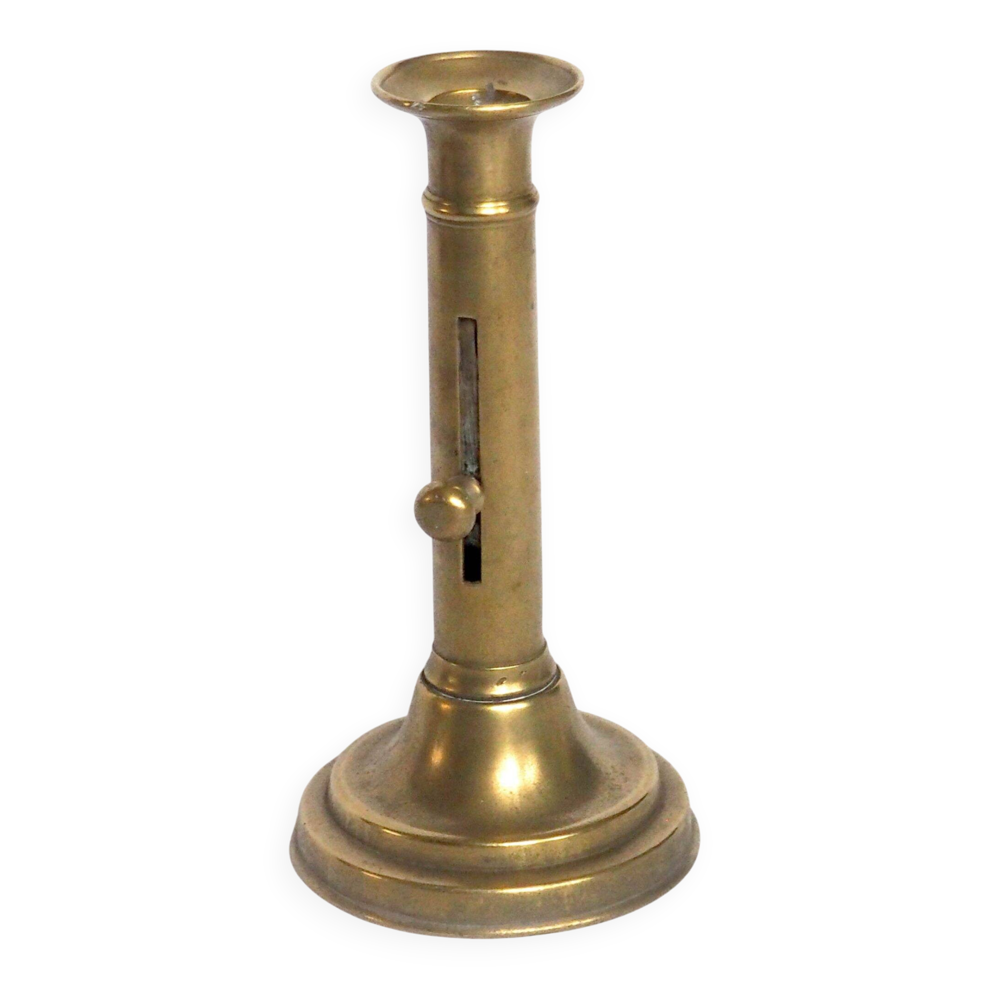 Brass candlestick with a column and bobeche.