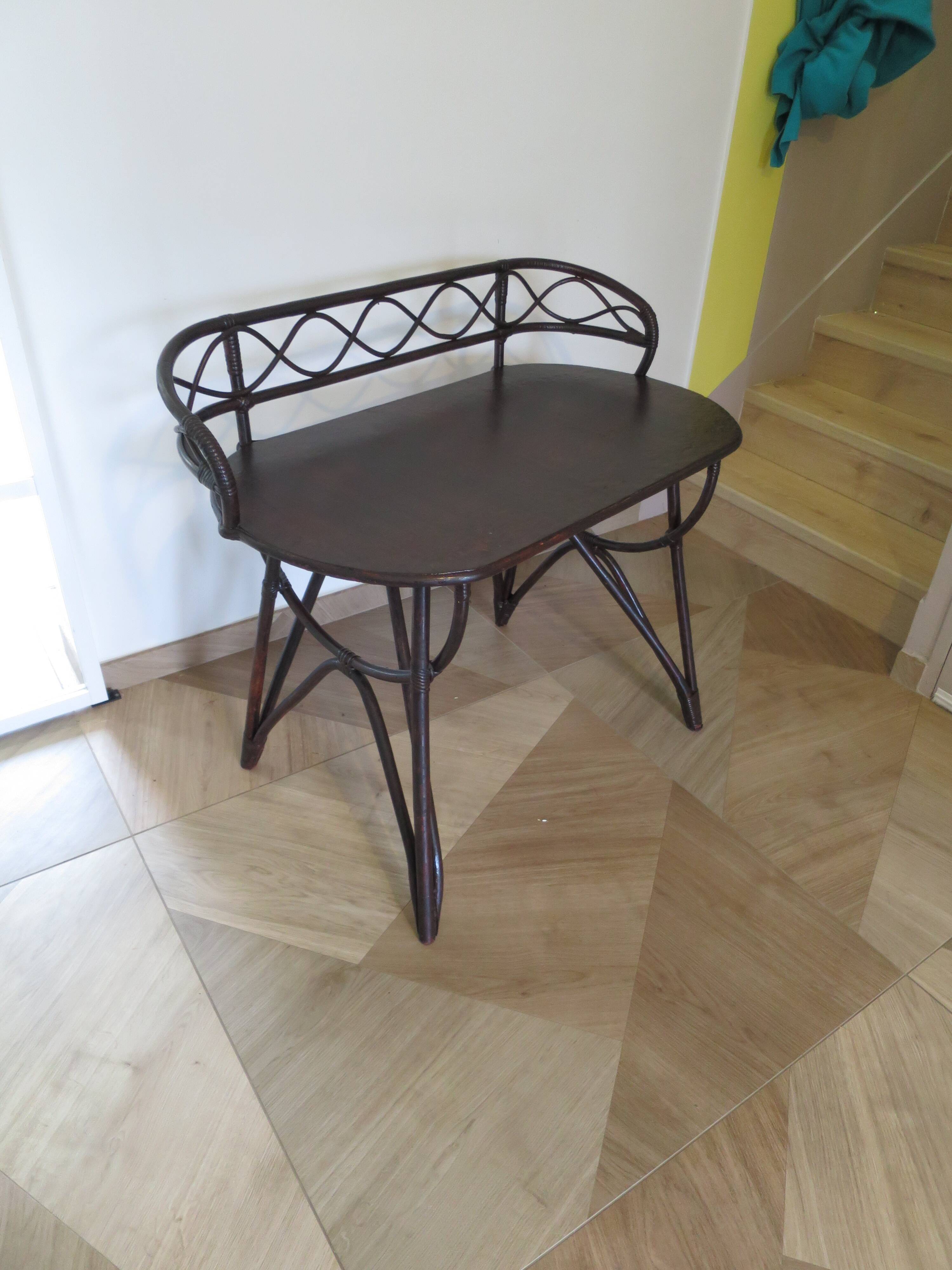 Vintage children's desk console bamboo rattan curved wood Thonet style 80s dark mahogany