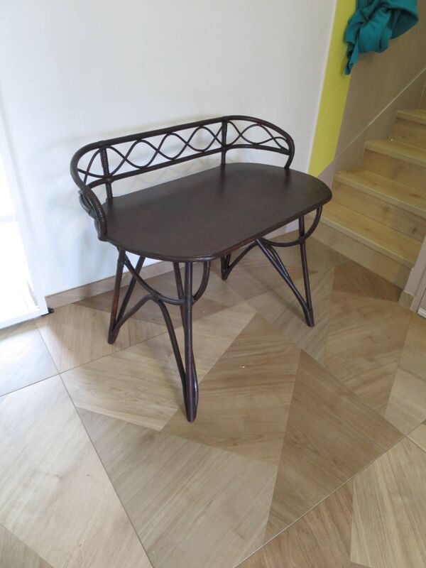 Vintage bureau d'enfant console bambou rotin bois courbé style Thonet années 80 acajou fonçé