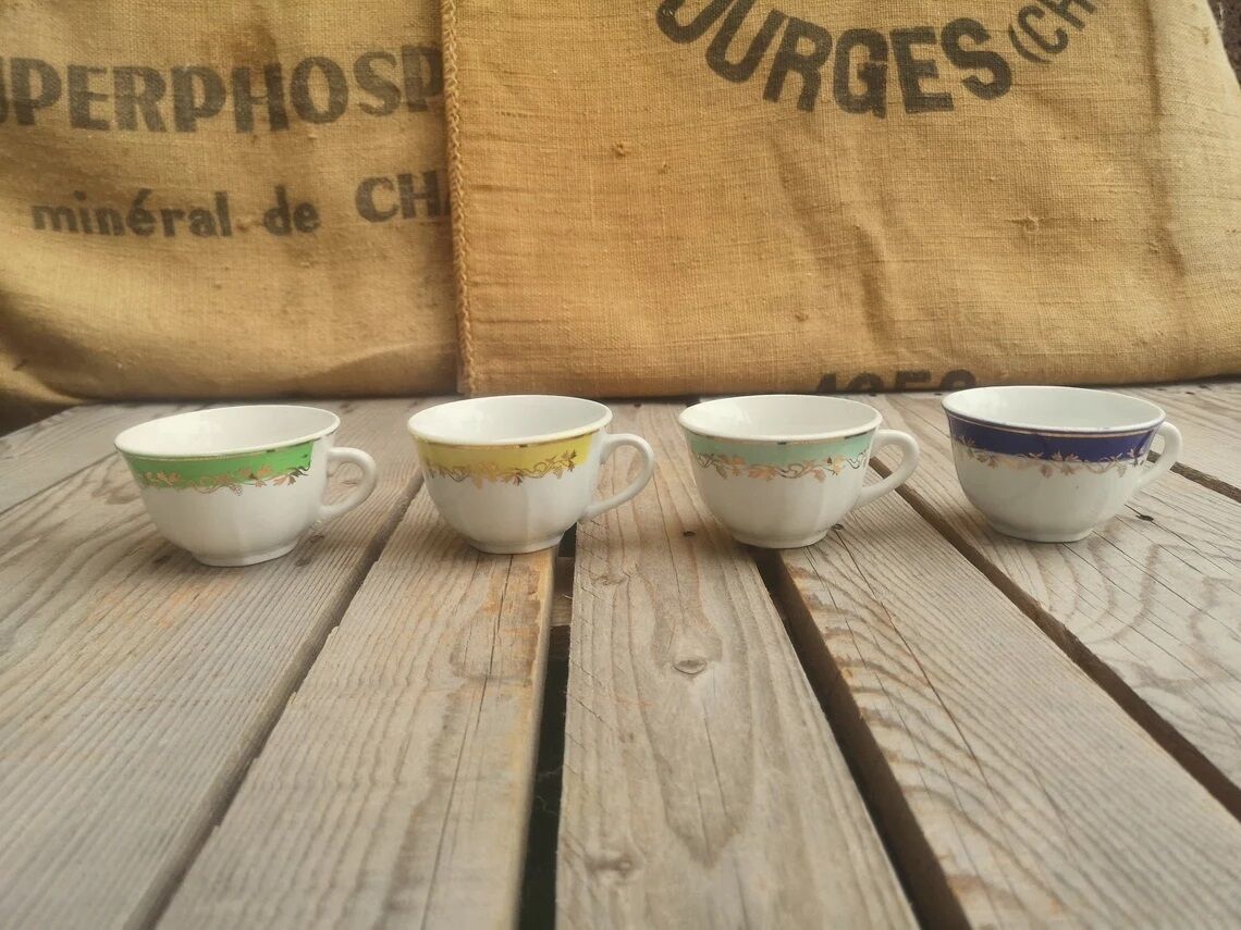 4 badonviller coffee cups colorful and golden decor