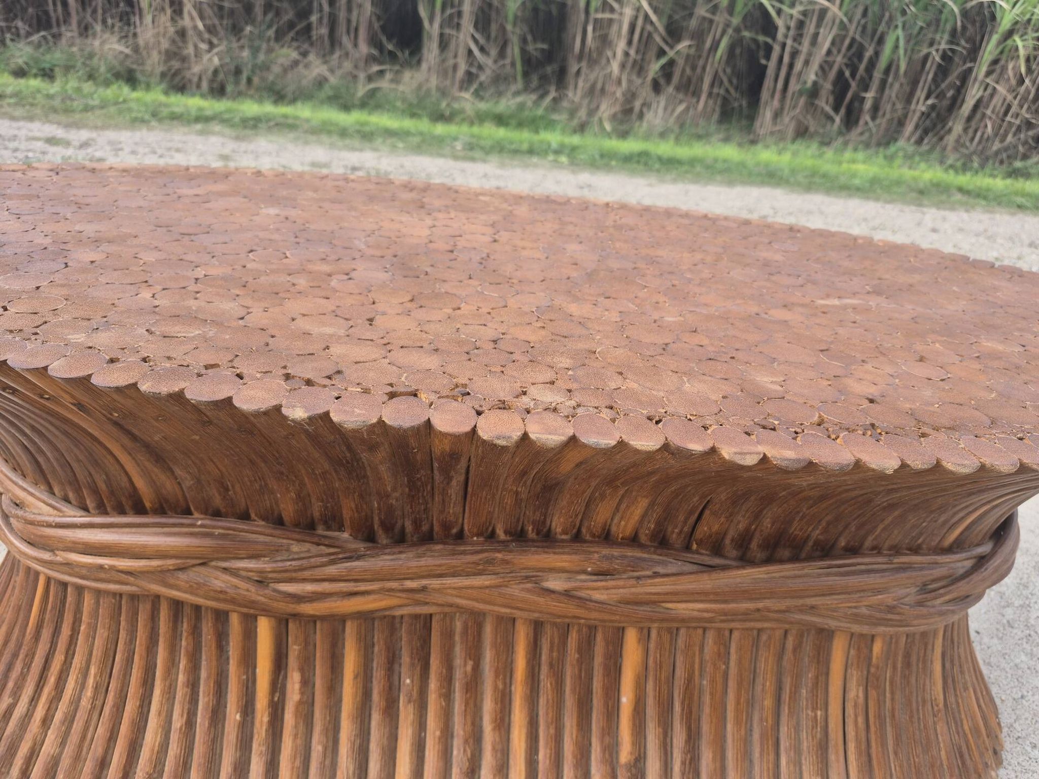 Sheaf of wheat bamboo coffee table glass top 1970s McGuire