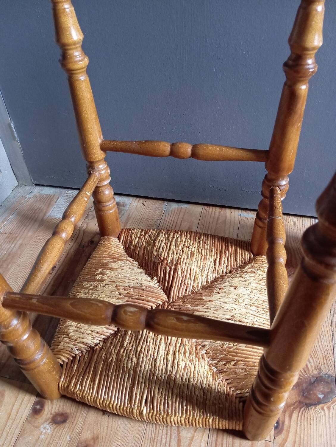 Turned wood stool, straw seat, vintage countryside