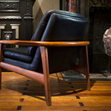 Pair of scandinavian armchairs in black leather and teak