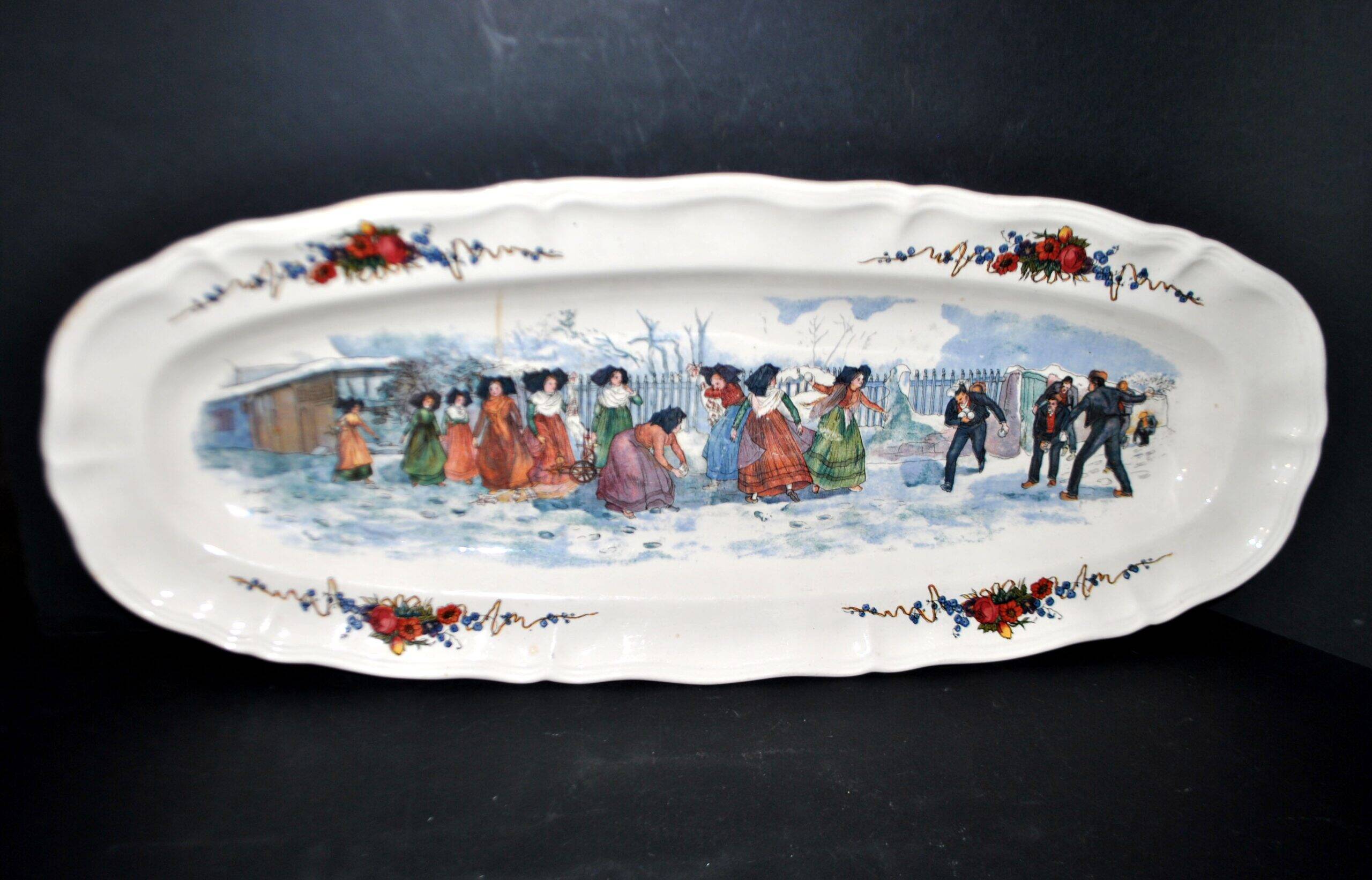 Sarreguemines large oval dish Obernai the snowball fight H. Loux