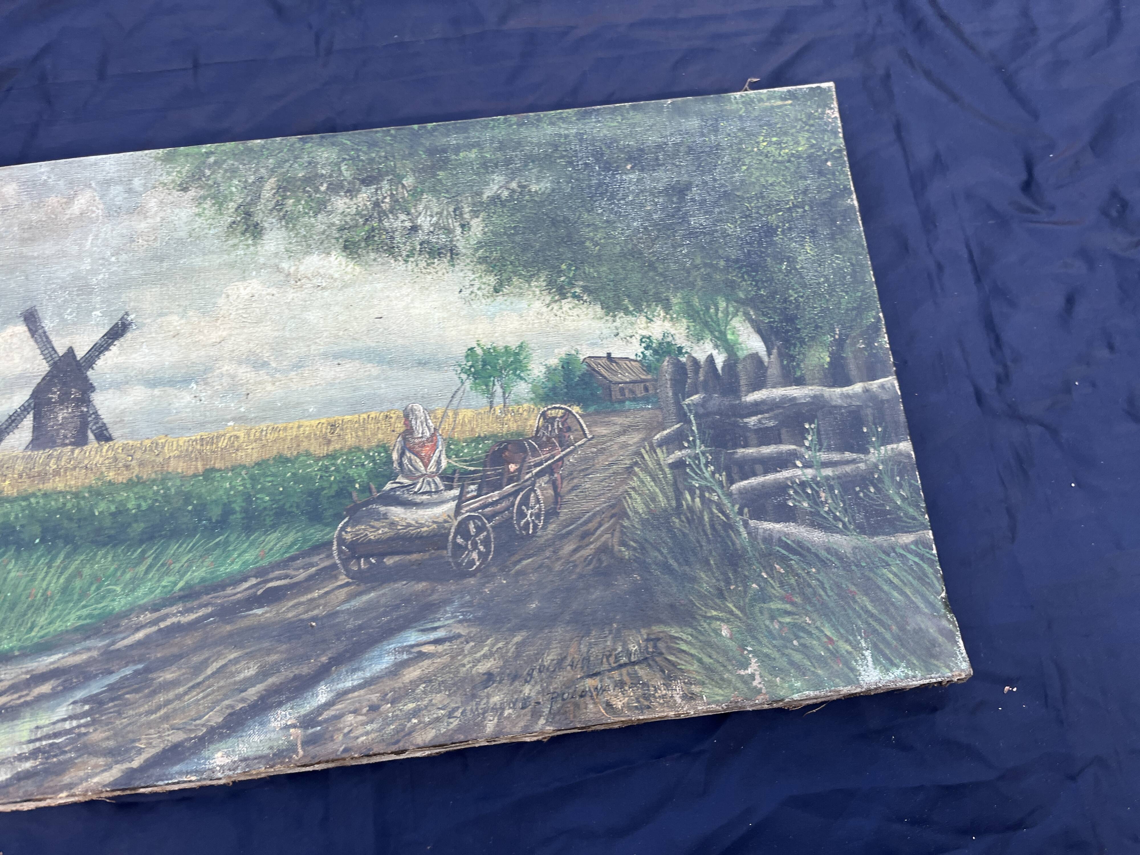 Antique Polish painting signed - rural scene with mill