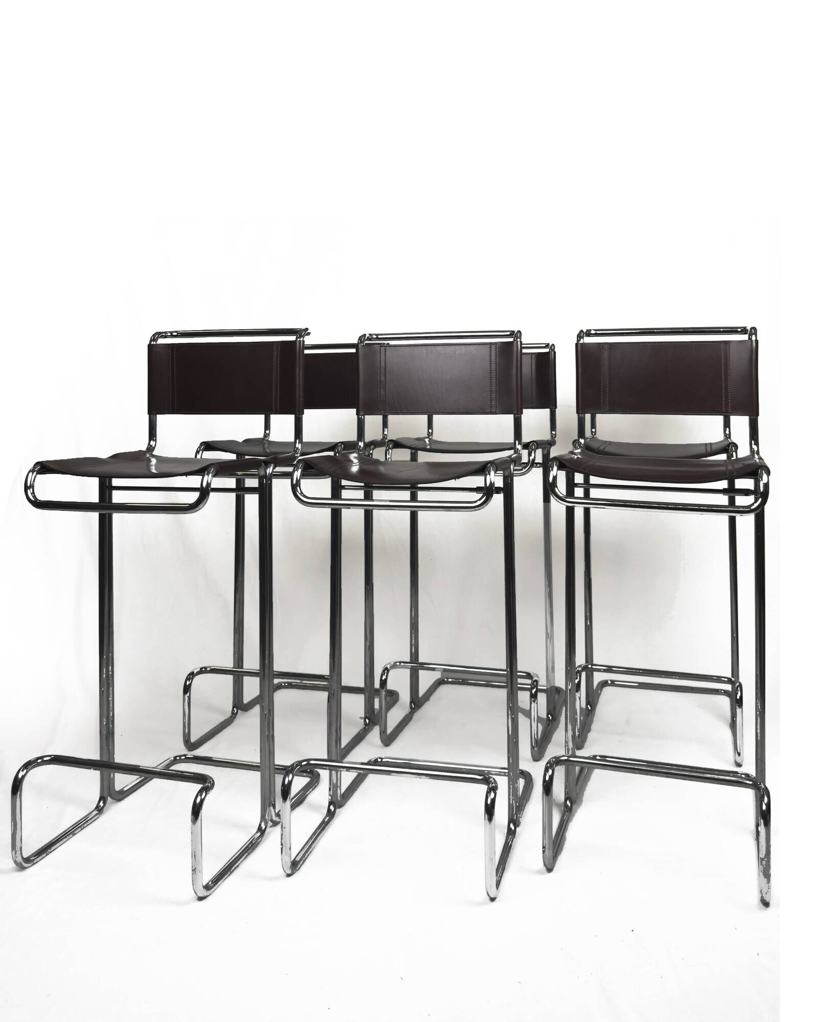 Set of 6 Linea Veam Modernist Leather and Chrome Bar Stools, 1960s