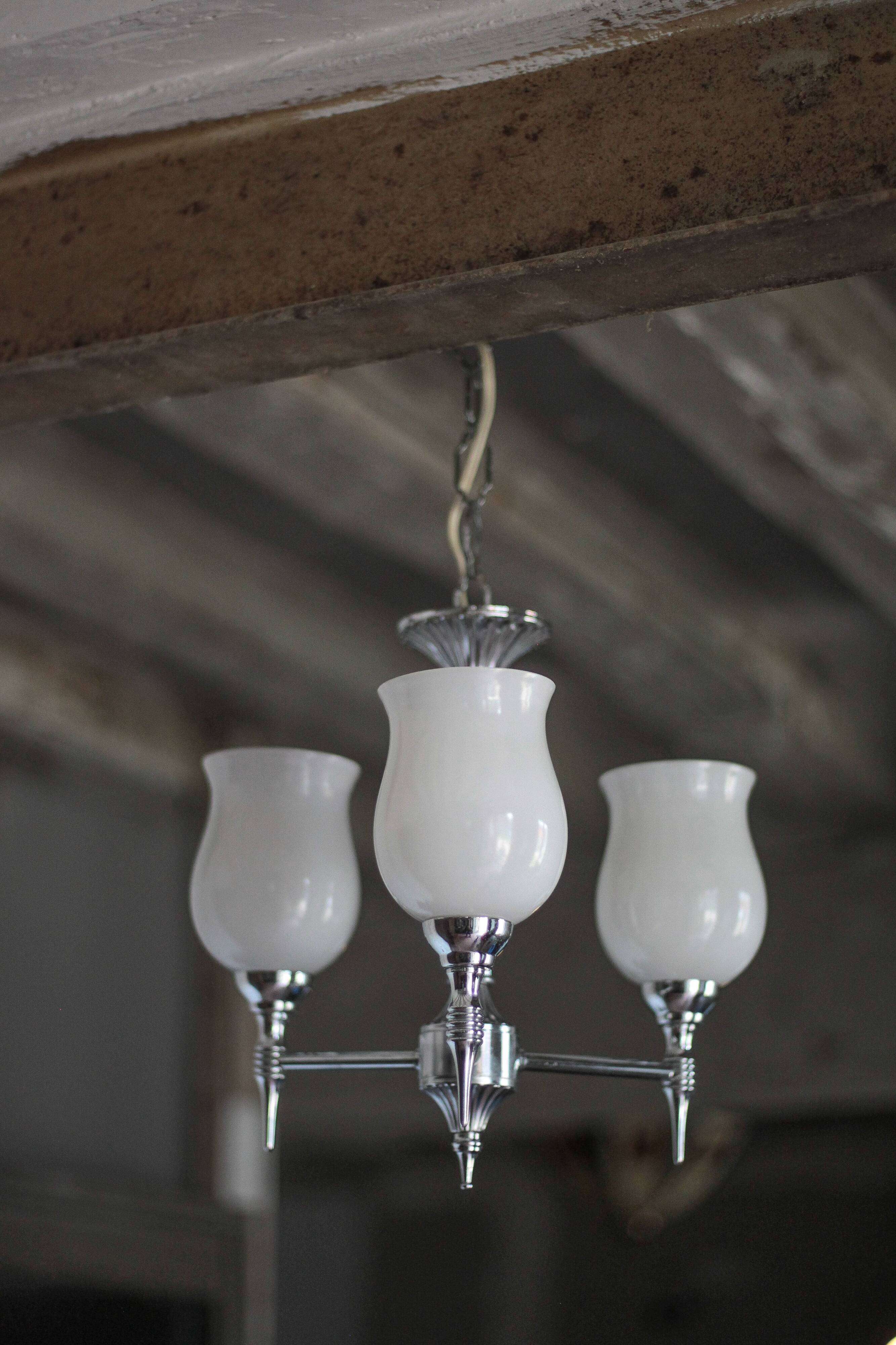 Vintage opaline pendant light, 3-light white opaline globe chandelier