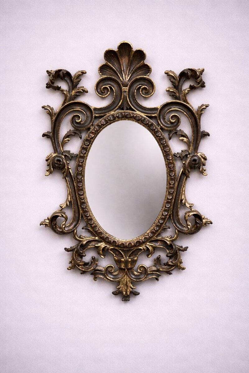 Antique Louis XV style mirror, richly carved with decorations of scrolls, shells, and foliage.
