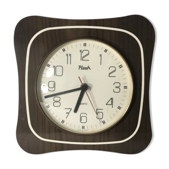 Horloge pendule flash formica marron à pile années 70 vintage