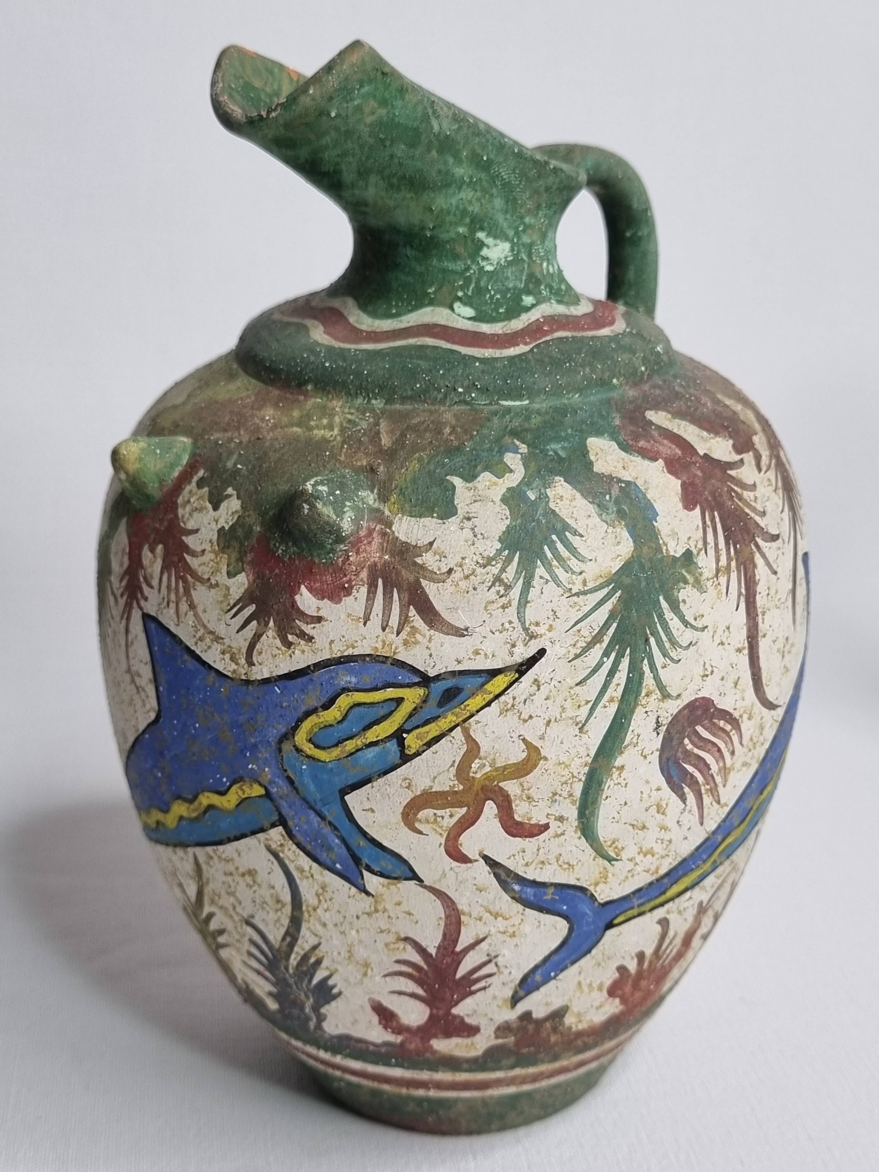 Ceramic vase, Ancient Cretan style, marine decoration with dolphins, 17 cm