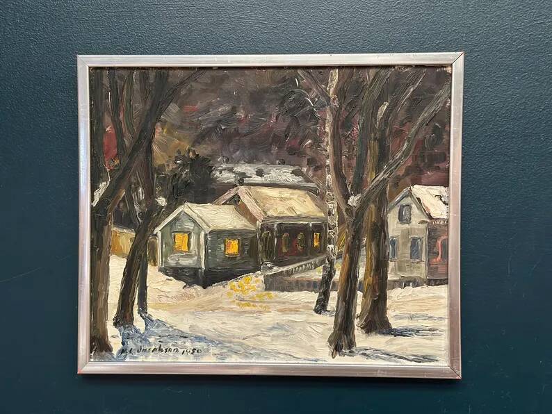 Original Swedish Oil on Panel – “Winter Landscape with House” by M. L. Jacobson – Signed – Vintage & Framed – 48 × 41 cm (18.9" × 16.1")