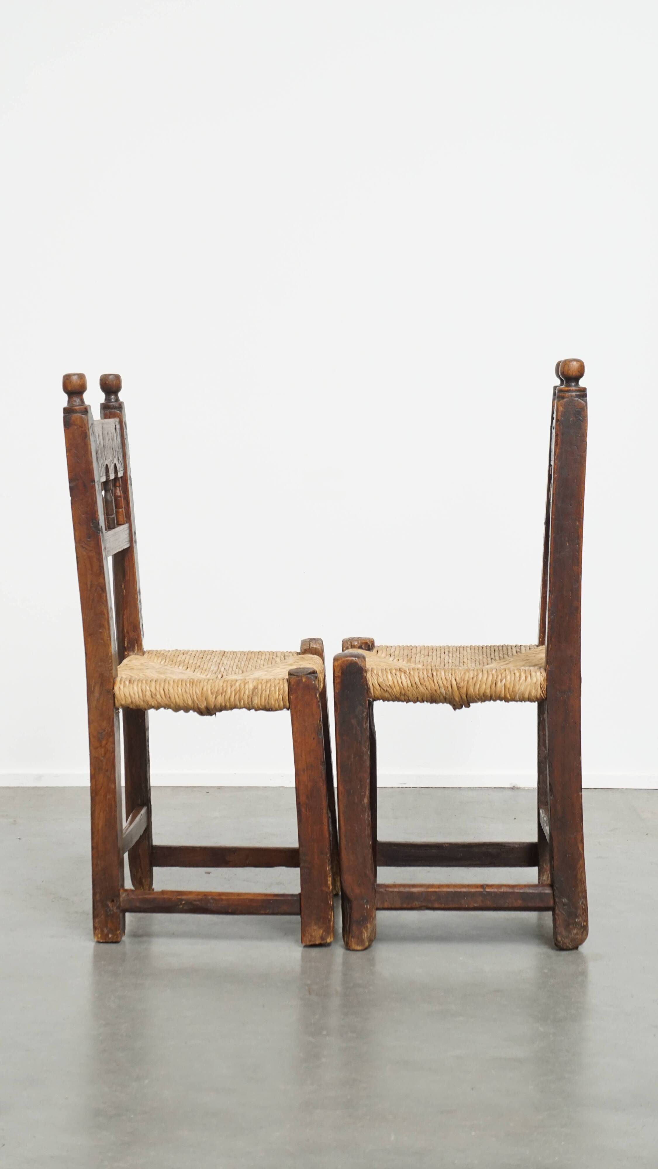 Set of 4 Antique Spanish Country Chairs with Woven Rattan Seats