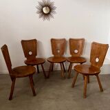 Set of 5 vintage 70s Brutalist design solid wood chairs