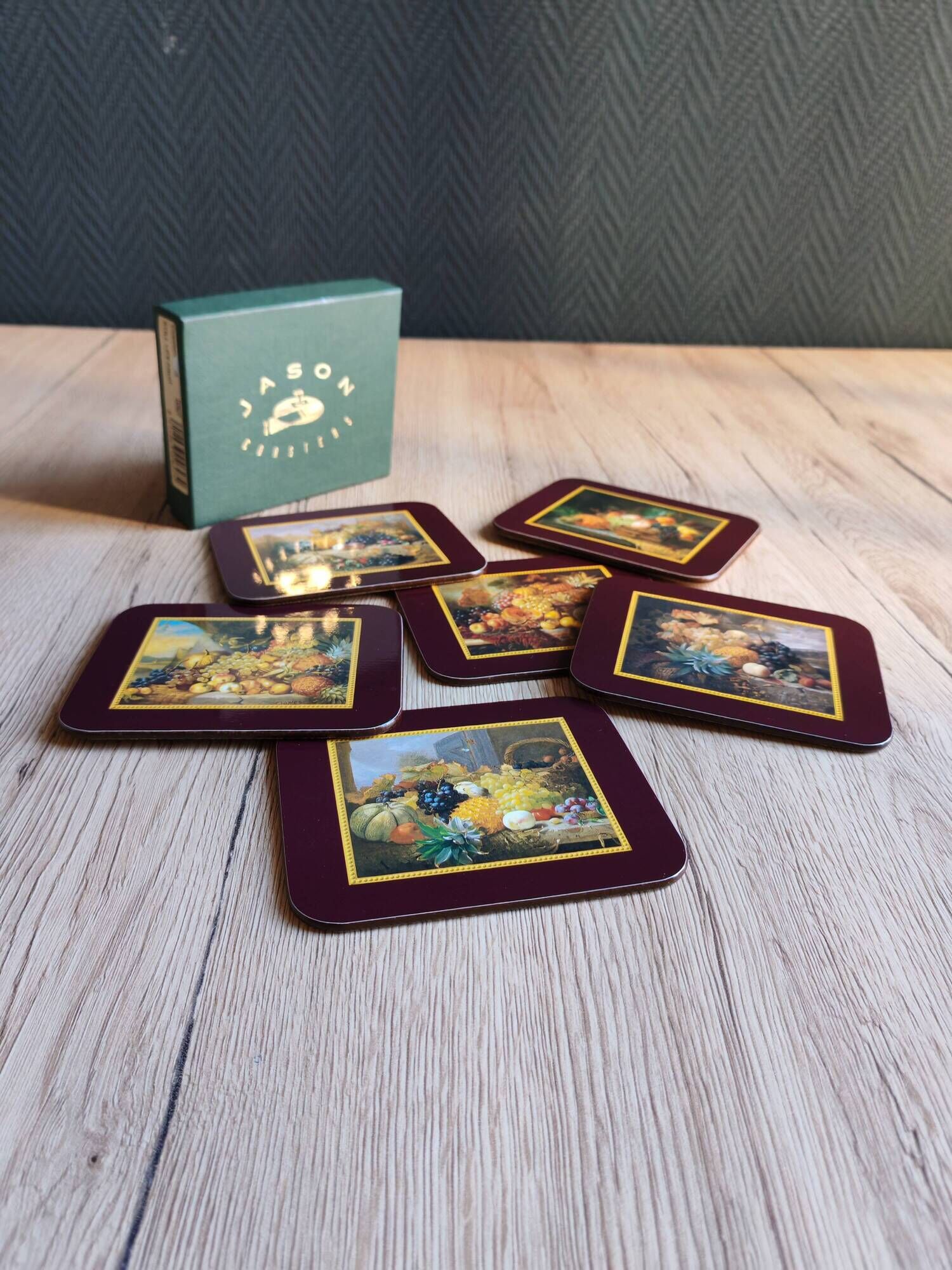 Set of 6 vintage Jason "Still Life Fruit" coasters, cork and durable.