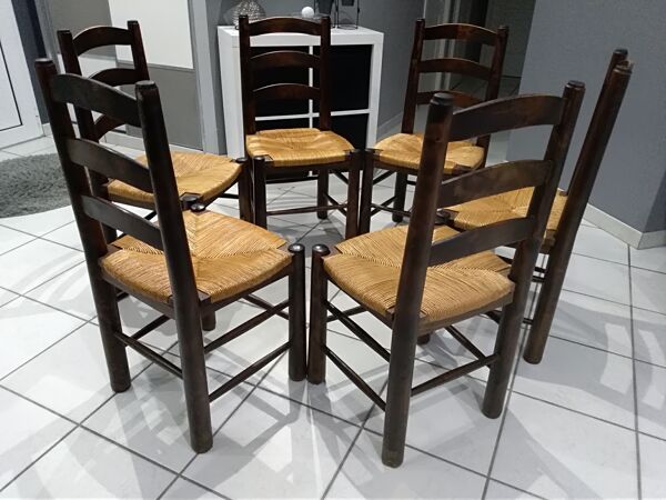 Suite de 6 chaises paille Brutaliste années 1940