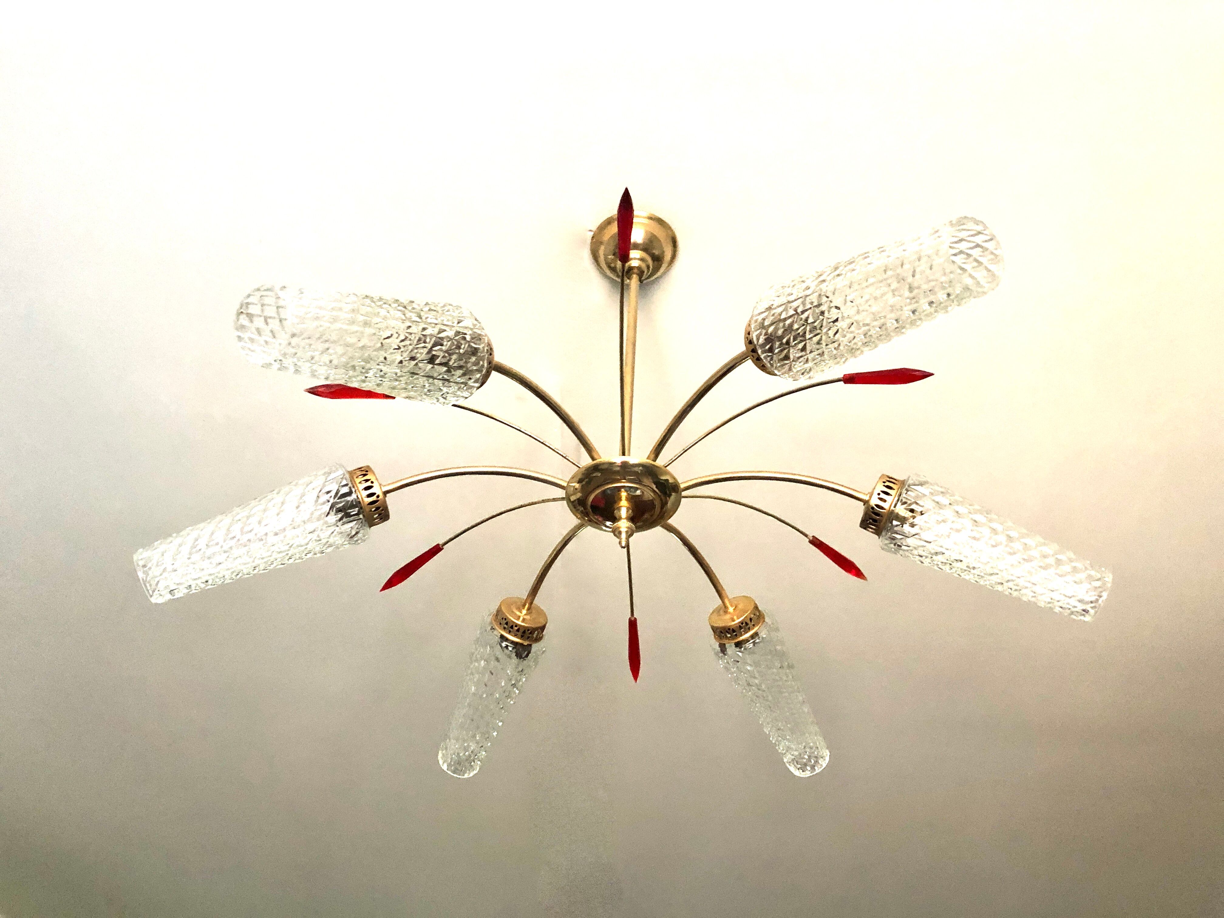 Golden brass chandelier 6 tulips red diamond tips 1950