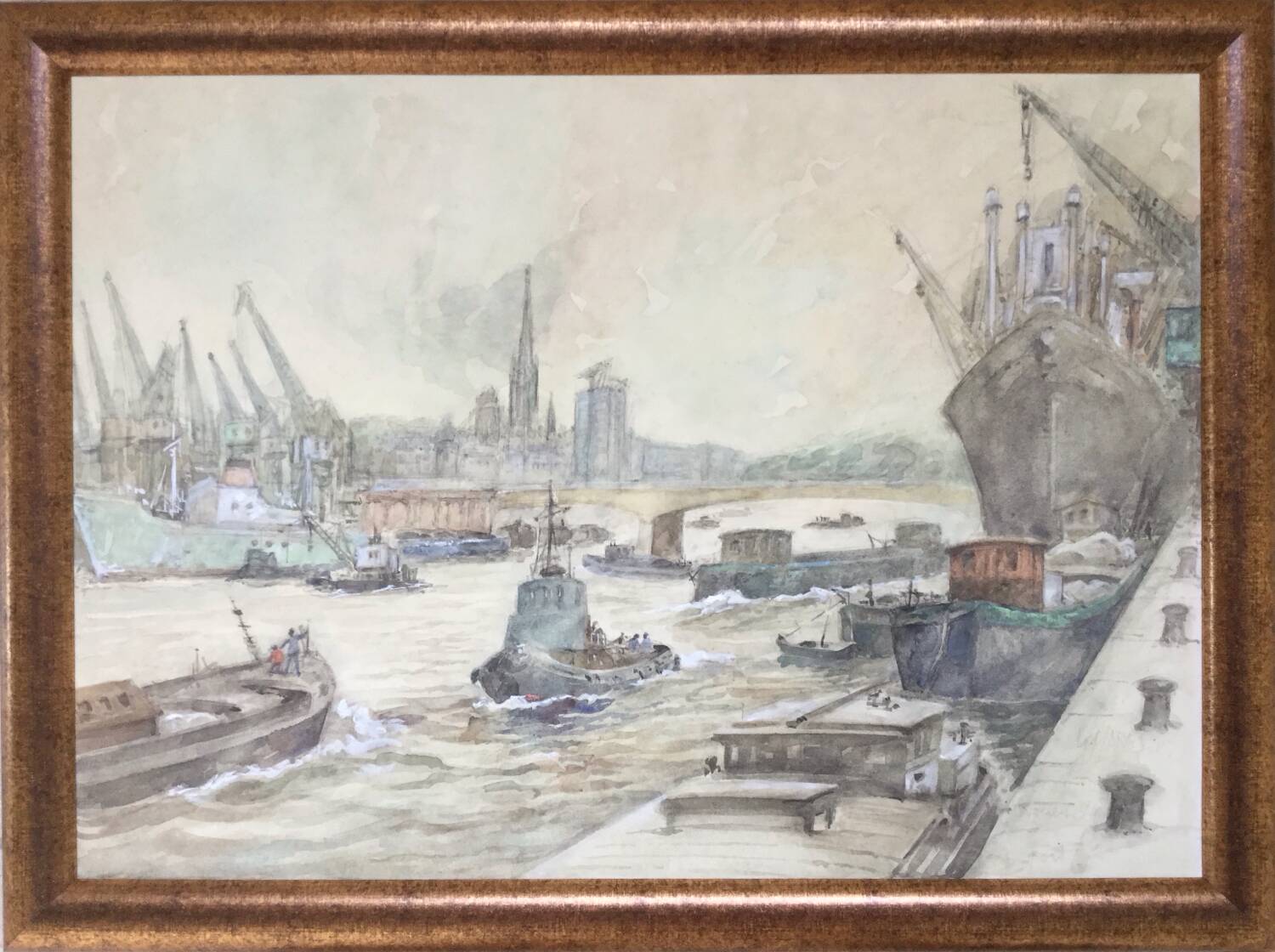Watercolor by guy marc (1918-1995). port of rouen, 1974