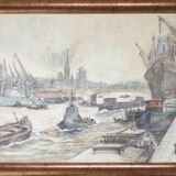 Watercolor by guy marc (1918-1995). port of rouen, 1974
