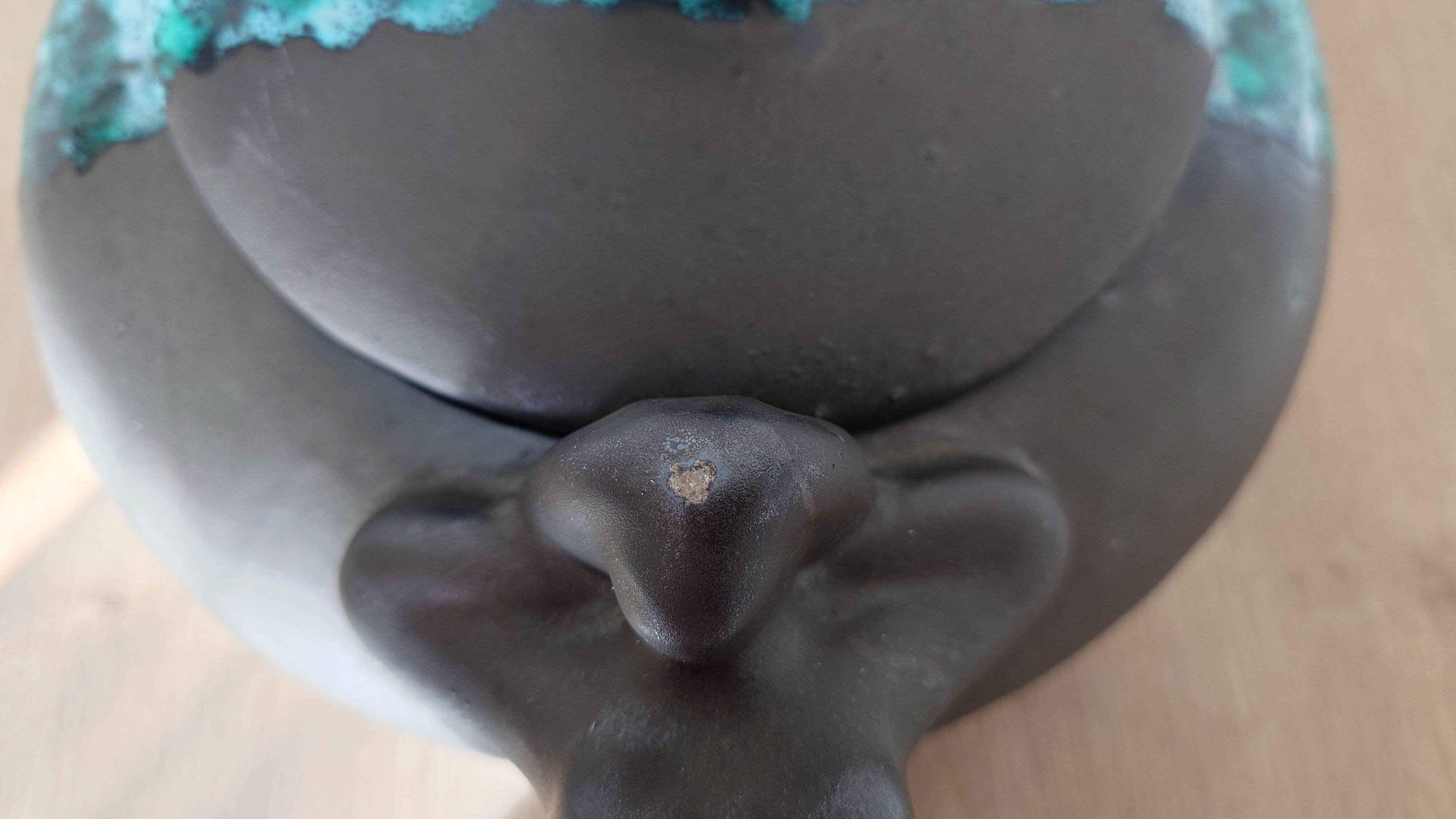 Vintage modernist soup tureen from the 60s-70s, matte brown ceramic and green glaze.