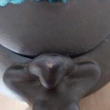 Vintage modernist soup tureen from the 60s-70s, matte brown ceramic and green glaze.