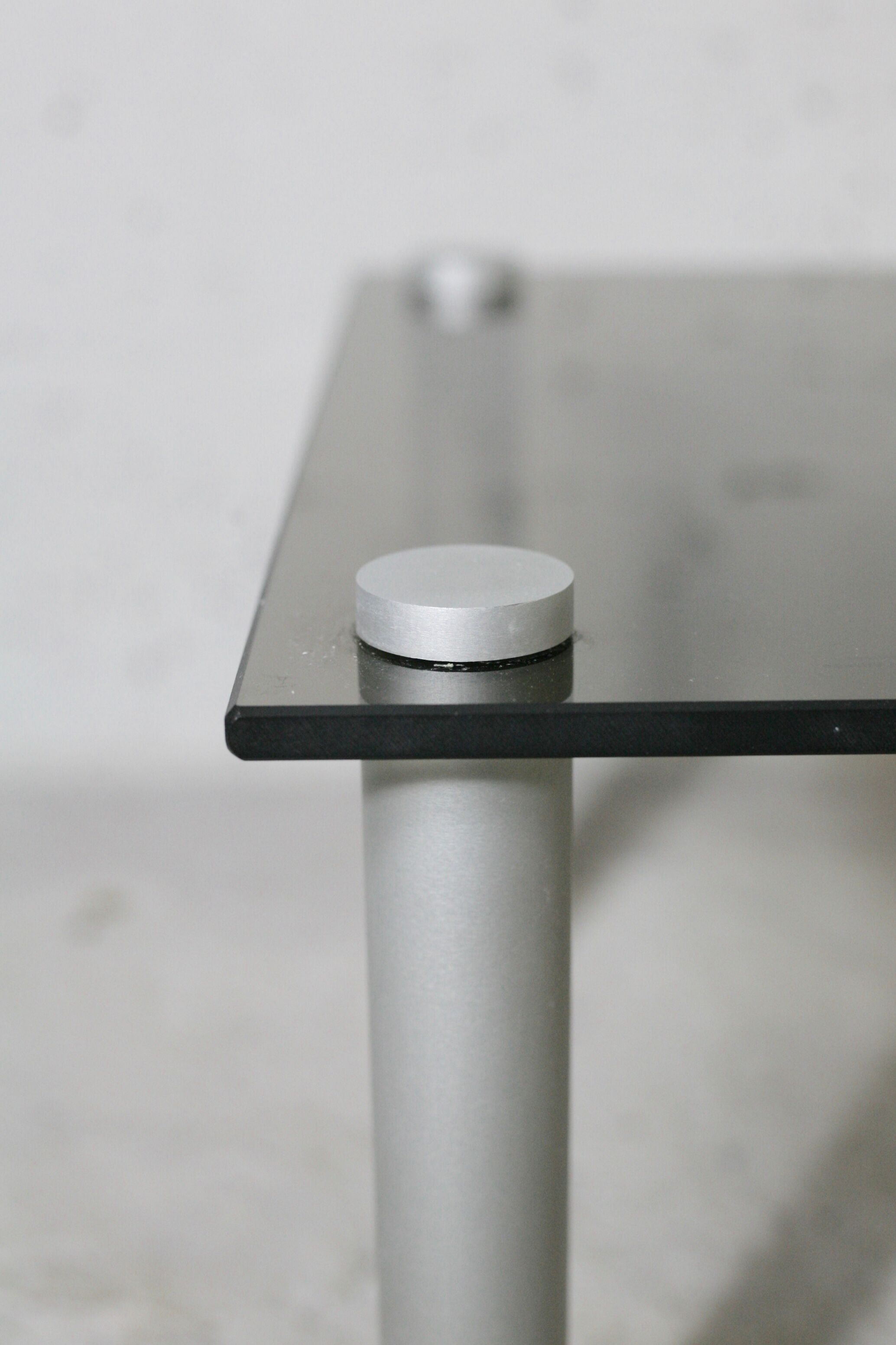 Coffee table cylindrical footings, tray smoked glass, circa 1970