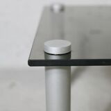 Coffee table cylindrical footings, tray smoked glass, circa 1970