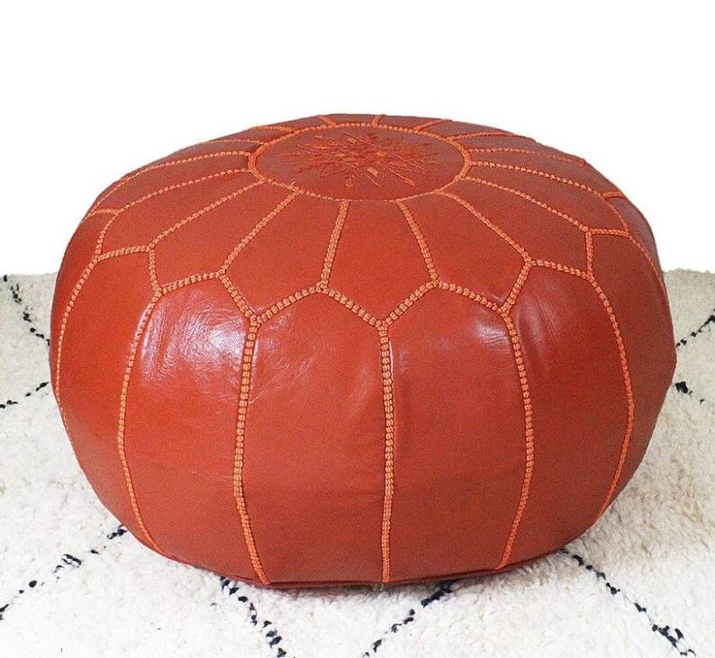 Moroccan leather pouf, Moroccan ottoman pouf, orange Moroccan pouf, vintage