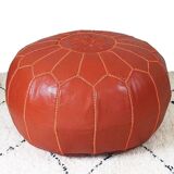 Moroccan leather pouf, Moroccan ottoman pouf, orange Moroccan pouf, vintage
