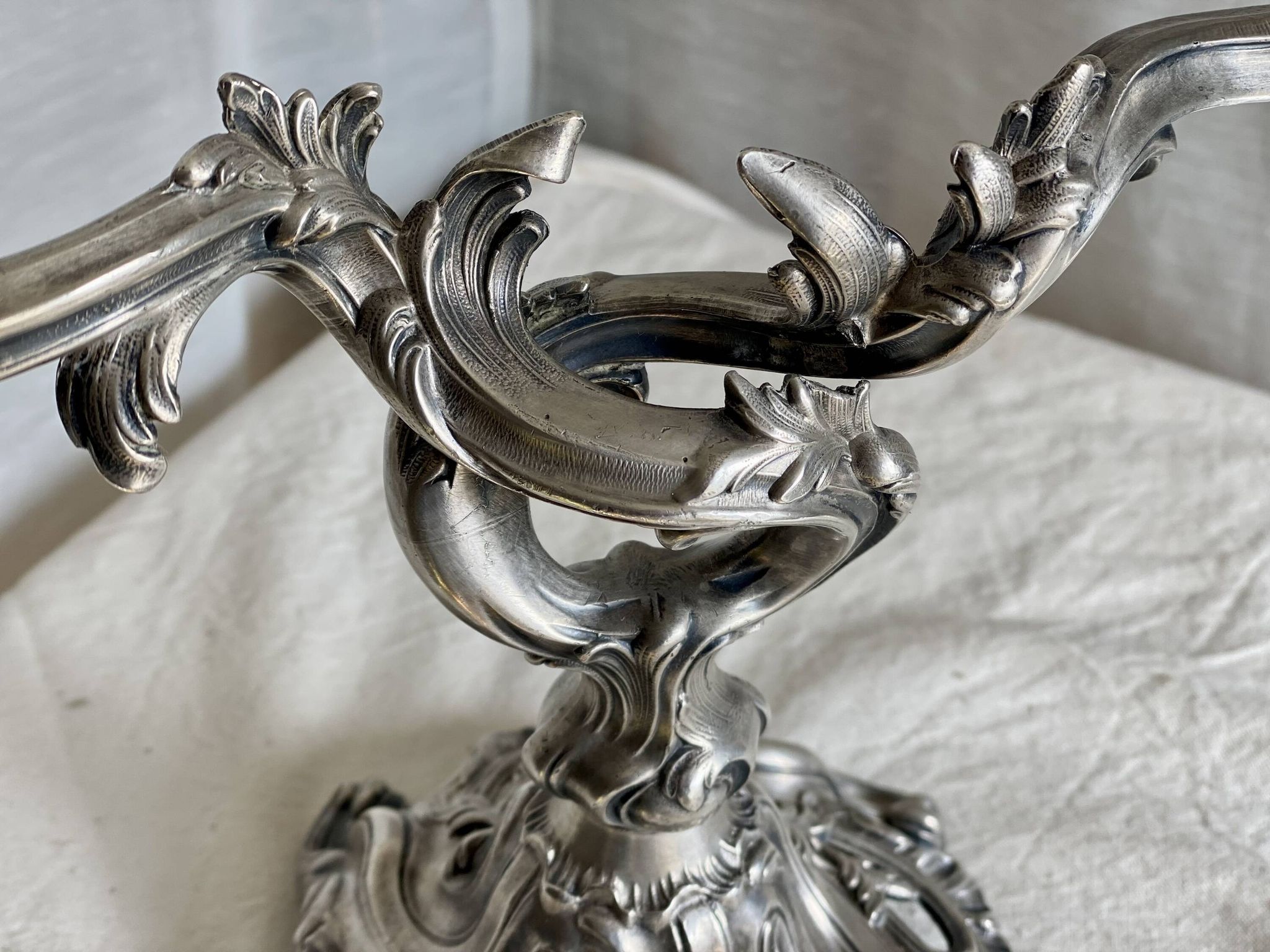 Pair of vintage 1950s silver-plated metal rocaille chandeliers