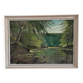 Peinture à l'huile vintage d'un lac en forêt, paysage forestier