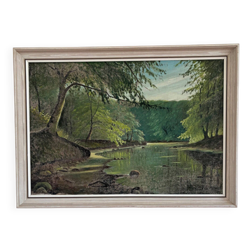 Vintage woodland lake oil painting, forest landscape