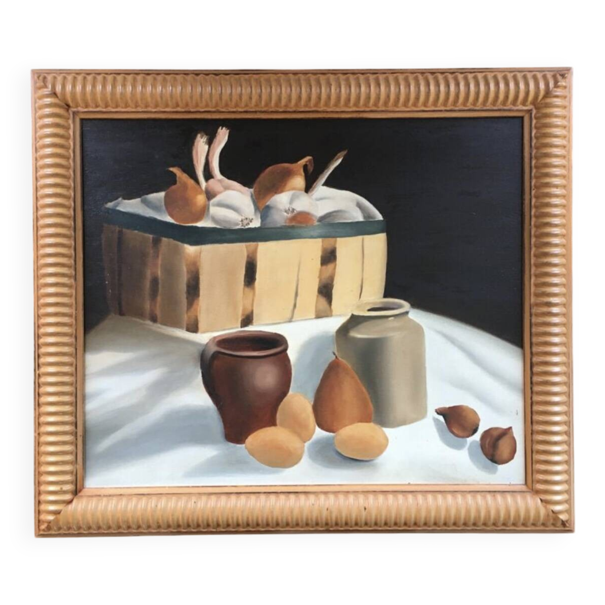 Still life painting of pots and vegetables
