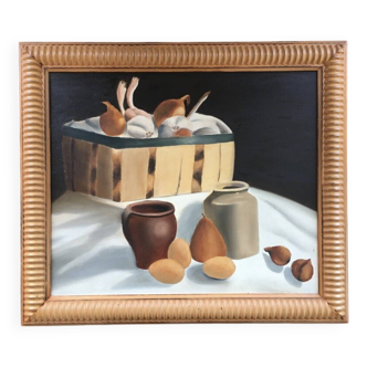 Tableau nature morte pots et légumes