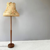 Vintage retro teak floor standard lamp / large fringed floral shade
