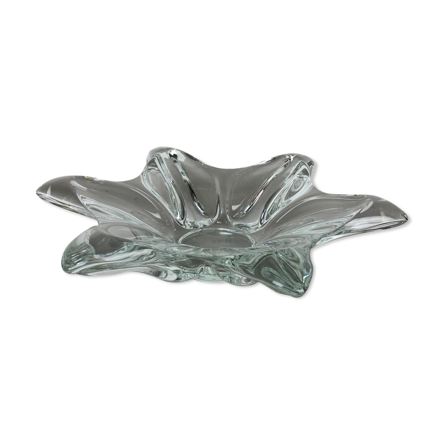 Large French Floral Crystal Glass Shell Bowl by Art Vannes, France, 1970s