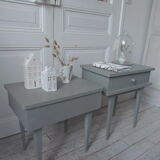 Duo of mismatched bedside tables green of gray