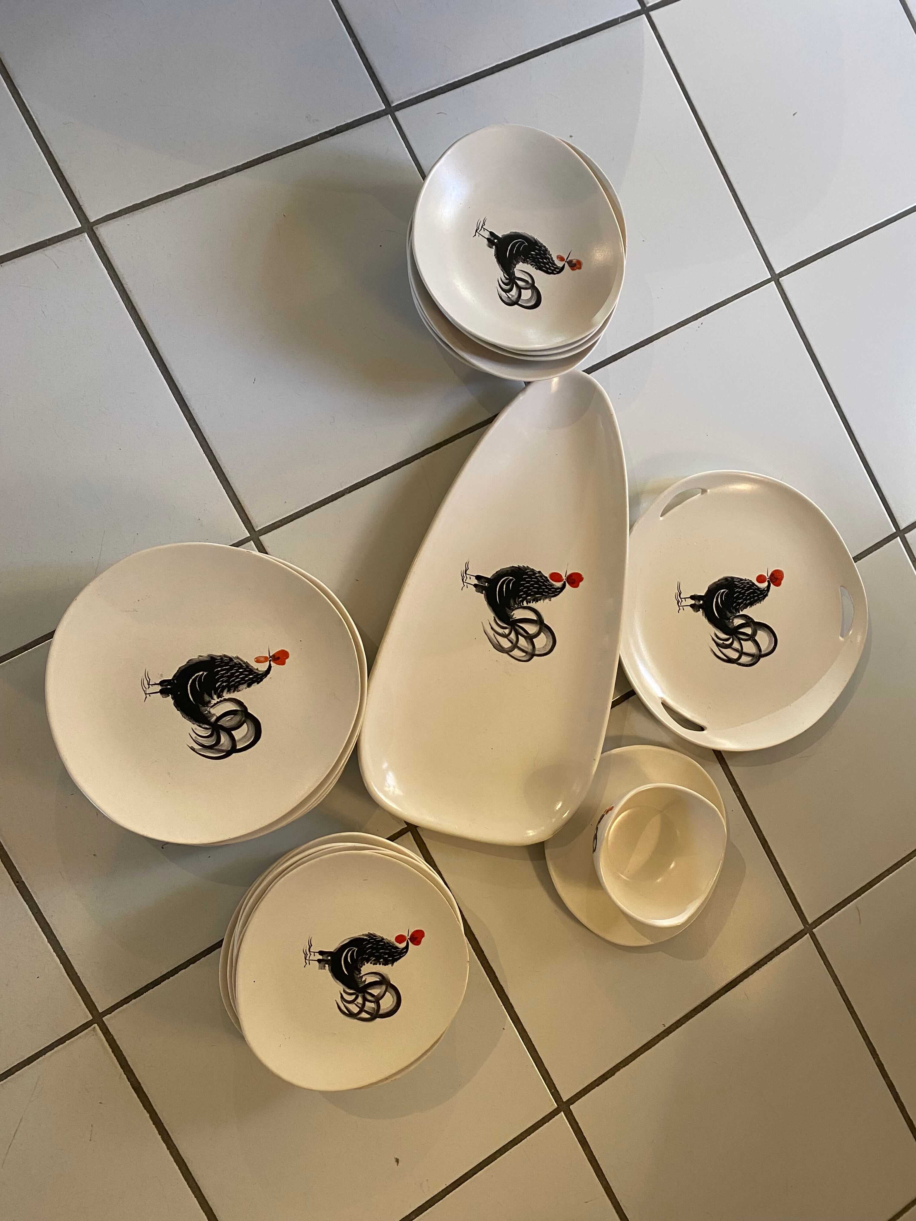 Service coq signed faience pornic 1960s