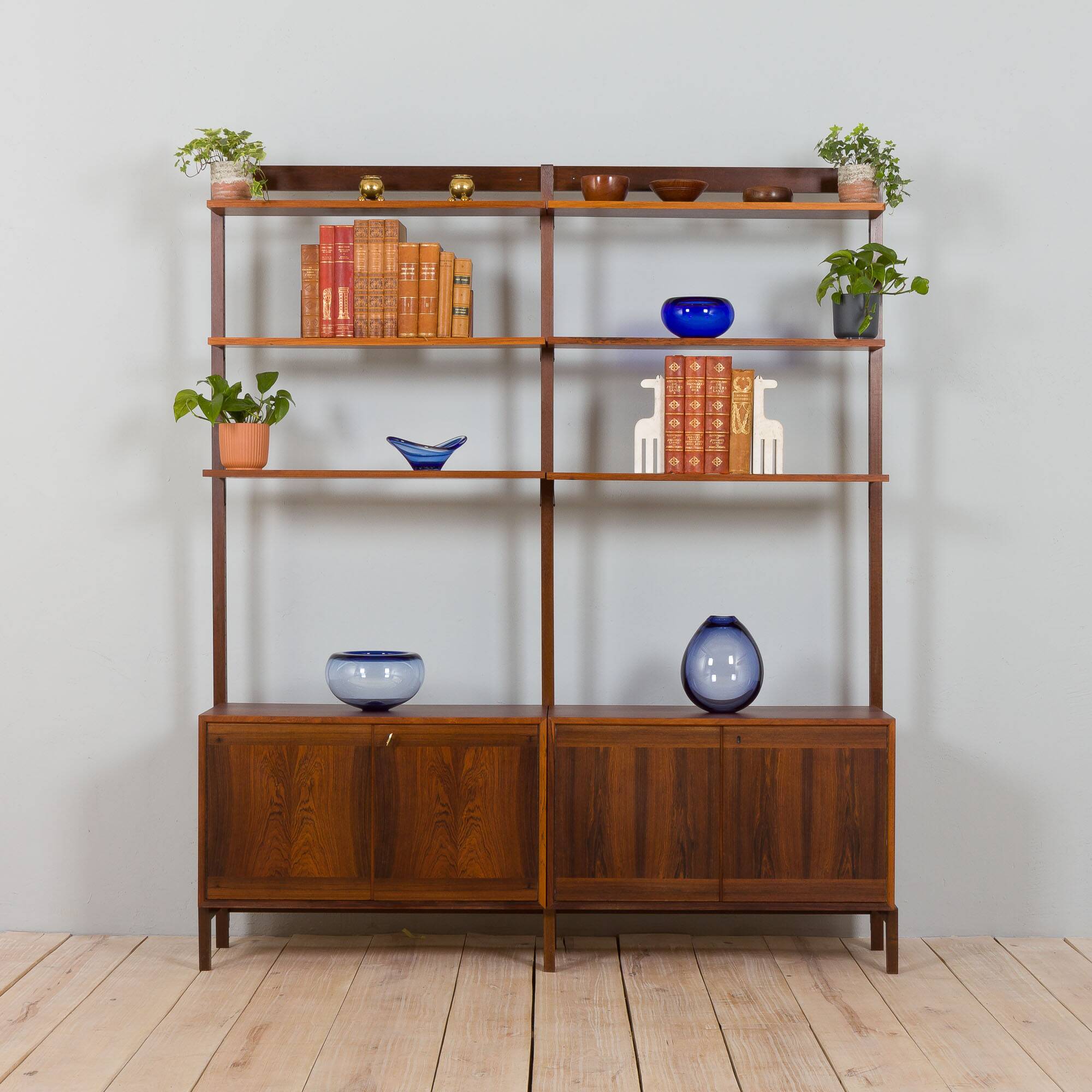 Scandinavian two bay rosewood free-standing wall unit