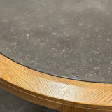 Vintage round textured slate and solid oak coffee table, France, 1970s