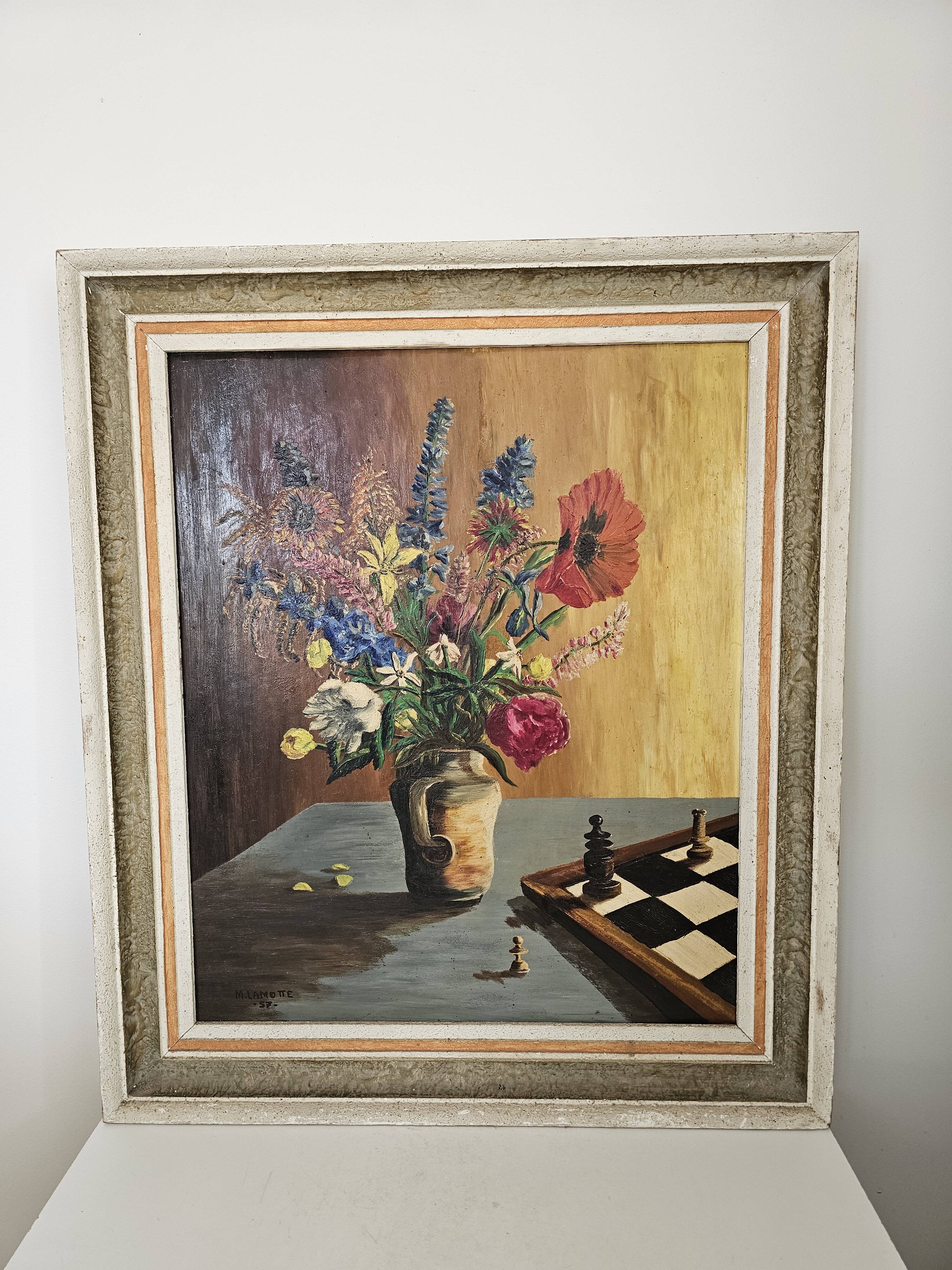 Oil on Isorel - Flower Bouquet / Chess Set - Michel Lamotte