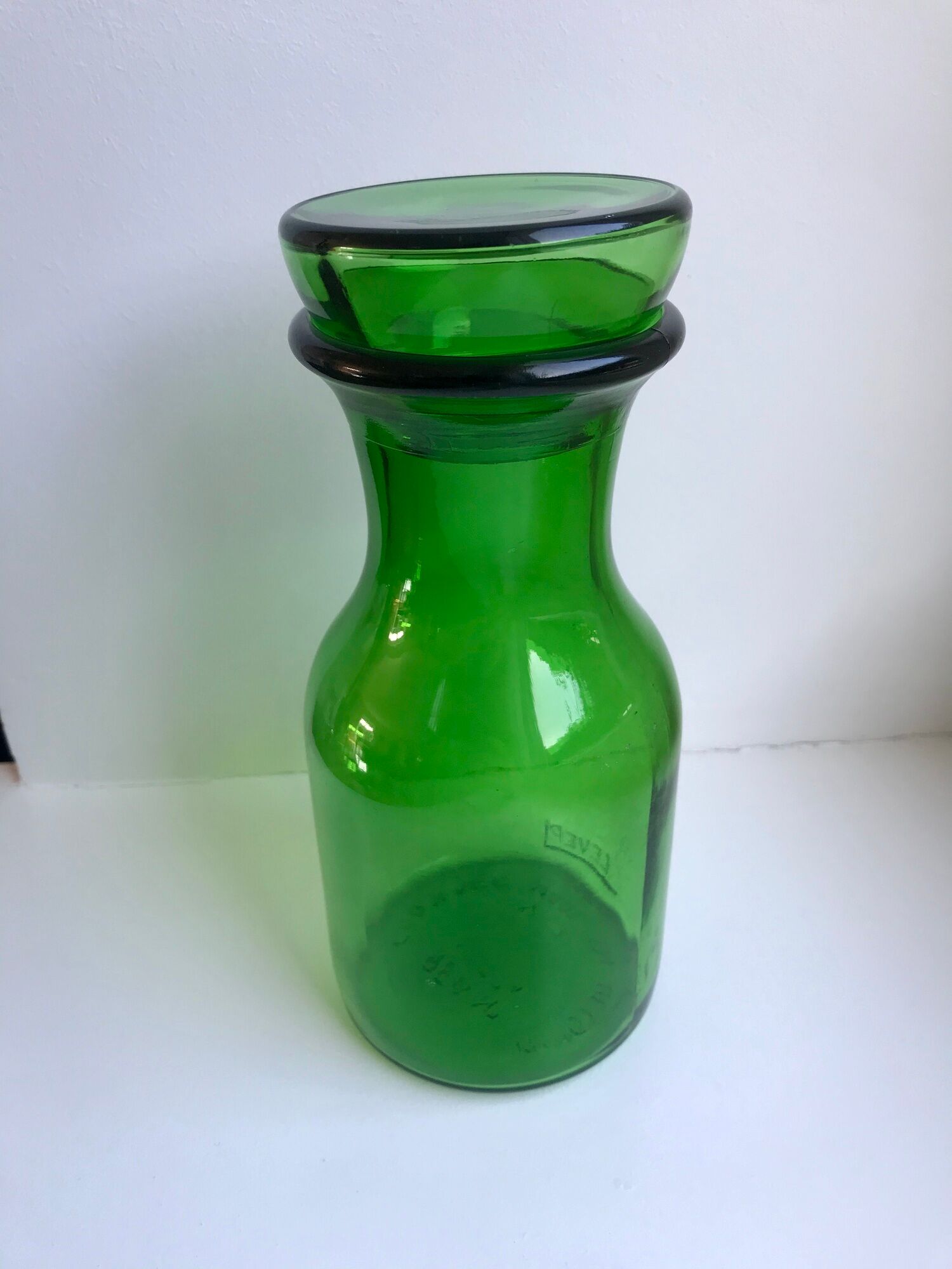 Green glass apothecary decanter made in belgium 70s