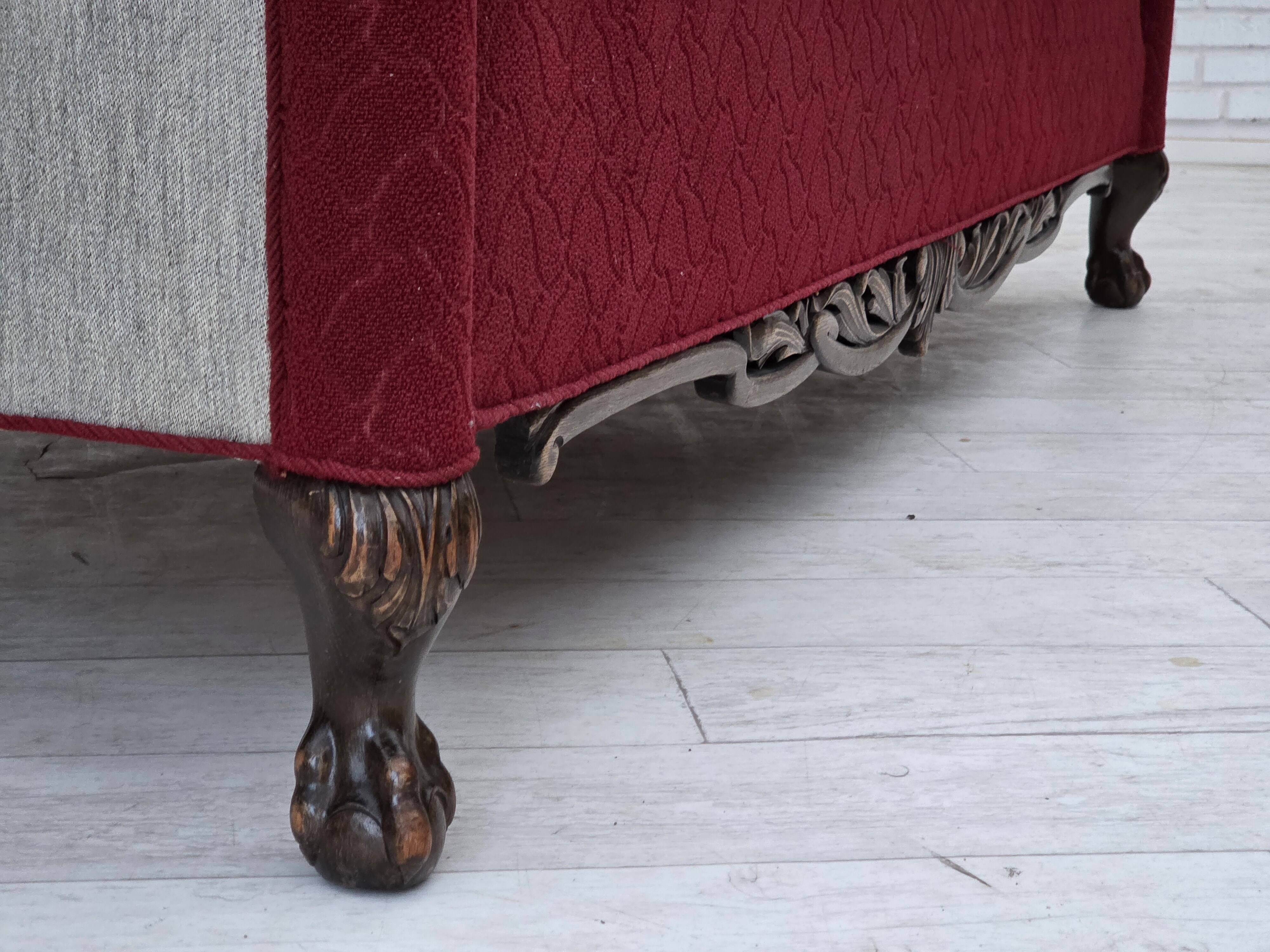 1950s, Danish 3-seater sofa, red and light grey furniture wool, oak wood.