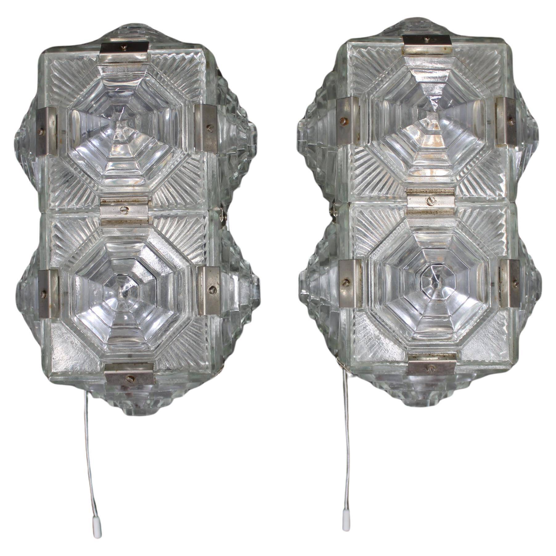 Pair of brutalist glass wall sconces by Kamenický Šenov, Czechoslovakia, 1970s