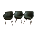 Lot of three armchair in green skai with chrome feet
