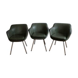 Lot of three armchair in green skai with chrome feet