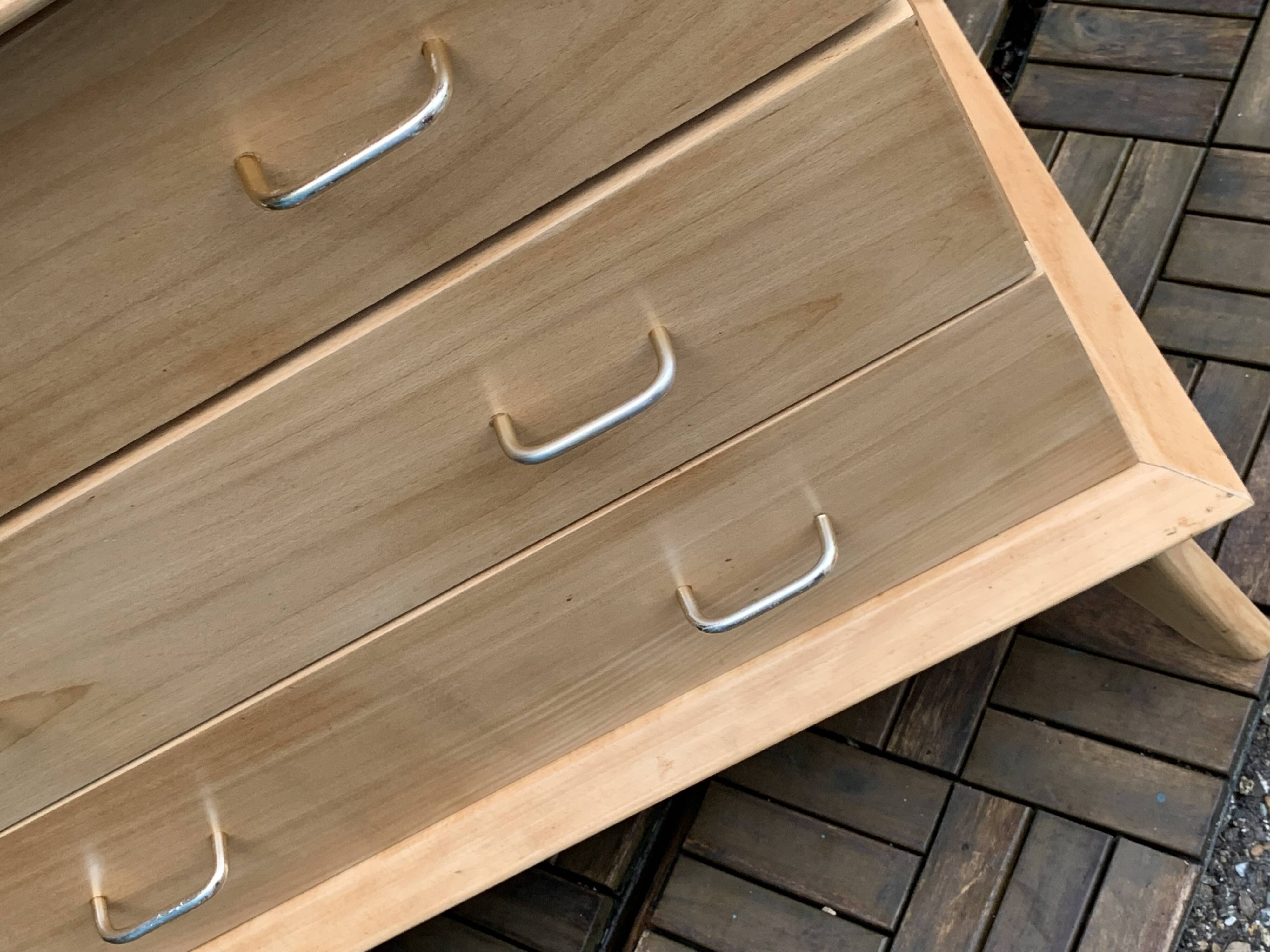 Vintage chest of drawers with compass feet, solid raw beech, 1960s